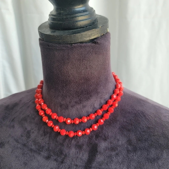 Vintage Women's Gorgeous Red Granule Double Layered Bead Necklace 13" +3" - Picture 1 of 8